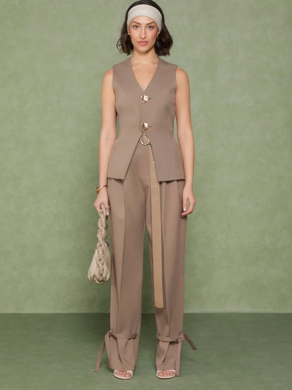 Maniere De Voir Suzanne tailored trouser with belt and ankle ties size 10 NWT - Picture 8 of 11